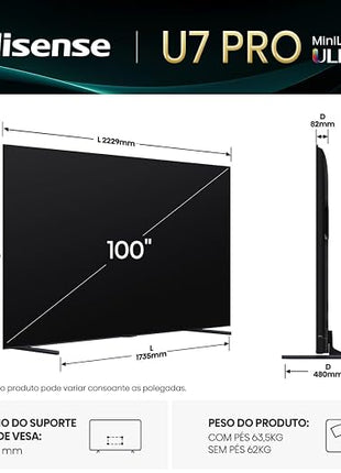 Hisense 100U7Q Pro TV 100 Inches | 4K Mini LED, Smart TV, Hi-View AI Engine Pro | 165Hz Game Mode Ultra |  FreeSync Premium Pro | 2.1.2 ch. Surround Sound, Dolby Vision IQ Atmos, Voice Control [2025]