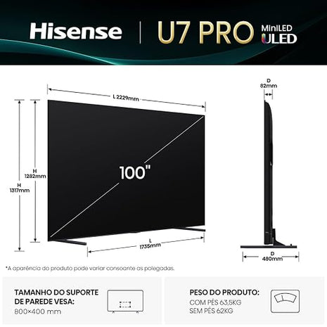 Hisense 100U7Q Pro TV 100 Inches | 4K Mini LED, Smart TV, Hi-View AI Engine Pro | 165Hz Game Mode Ultra |  FreeSync Premium Pro | 2.1.2 ch. Surround Sound, Dolby Vision IQ Atmos, Voice Control [2025]