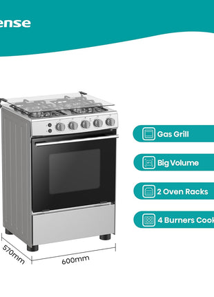 Hisense HFG60121X 60 cm Freestanding Gas Cooker, 4 Gas Burners with Flame Failure Device, Cast Iron Pan Support, Stainless Steel, 1 Year Warranty