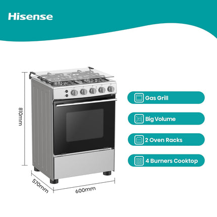 Hisense HFG60121X 60 cm Freestanding Gas Cooker, 4 Gas Burners with Flame Failure Device, Cast Iron Pan Support, Stainless Steel, 1 Year Warranty