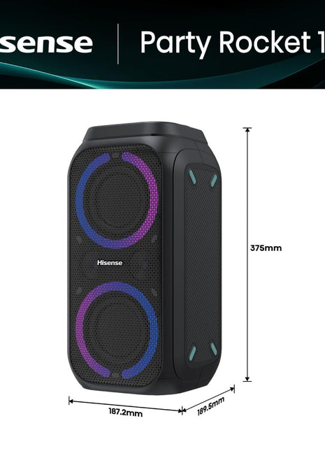 Hisense Party Rocket 160 | 160W Max Audio Power, 12 Hrs long playtime | TWS Pair play, Karaoke Mode | 5 Lighting effects, Vocal fader,IPX4 Waterproof, Bluetooth 5.0