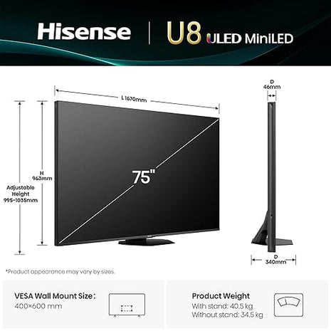 Hisense 189 cm (75 inches) | U8Q Series 4K Ultra HD | Smart Mini LED PRO TV 75U8Q (Black)
