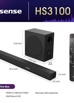 Hisense HS3100-3.1 Channel 480W Soundbar with 6.5 inch Wireless Subwoofer, 3 Full-Range Speakers, 2 tweeters, 480W Max Audio Power, 5.3 Wireless Bluetooth, Powered by DTS Virtual:X, Roku TV Ready