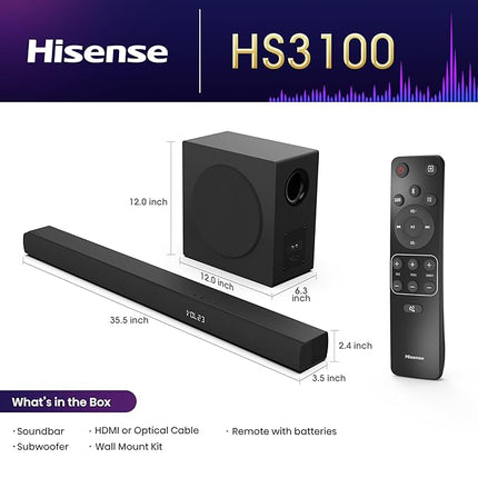 Hisense HS3100-3.1 Channel 480W Soundbar with 6.5 inch Wireless Subwoofer, 3 Full-Range Speakers, 2 tweeters, 480W Max Audio Power, 5.3 Wireless Bluetooth, Powered by DTS Virtual:X, Roku TV Ready