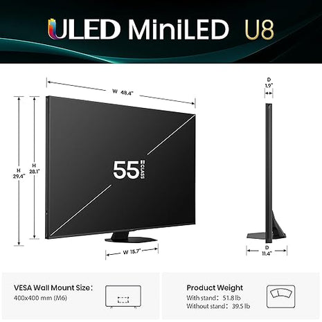 Hisense 55" Class U8 Mini-LED ULED 4K UHD Google Smart TV (55U8QG, 2025 Model) | QLED, Native 165Hz, VRR 288 | Up to LD5600, 5000 Nits, HDR10+, Dolby Vision IQ · Atmos |IMAX Enhanced, 4.1.2 Ch Audio