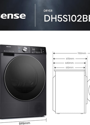 Hisense DH5S102BB 5S Series 10 Kg Heat Pump Dryer with Inverter Motor | Smart WiFi, AI Super Dry Technology | Smart Energy Monitoring, 17 Programs | Charcoal Black