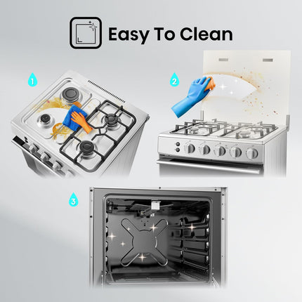 Hisense HFG60121X 60 cm Freestanding Gas Cooker, 4 Gas Burners with Flame Failure Device, Cast Iron Pan Support, Stainless Steel, 1 Year Warranty