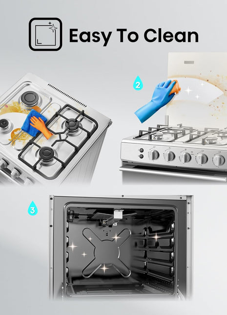 Hisense HFG60121X 60 cm Freestanding Gas Cooker, 4 Gas Burners with Flame Failure Device, Cast Iron Pan Support, Stainless Steel, 1 Year Warranty