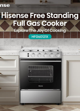 Hisense HFG60121X 60 cm Freestanding Gas Cooker, 4 Gas Burners with Flame Failure Device, Cast Iron Pan Support, Stainless Steel, 1 Year Warranty