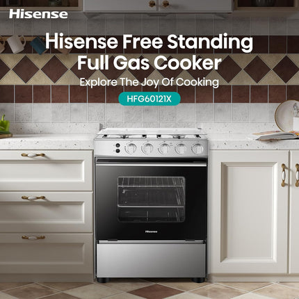 Hisense HFG60121X 60 cm Freestanding Gas Cooker, 4 Gas Burners with Flame Failure Device, Cast Iron Pan Support, Stainless Steel, 1 Year Warranty