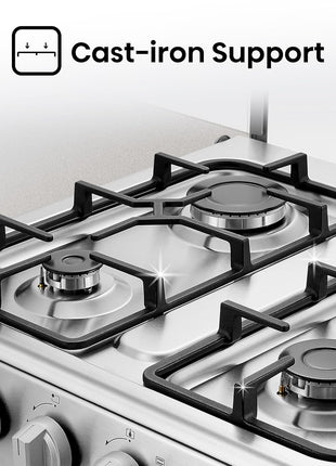 Hisense HFG60121X 60 cm Freestanding Gas Cooker, 4 Gas Burners with Flame Failure Device, Cast Iron Pan Support, Stainless Steel, 1 Year Warranty