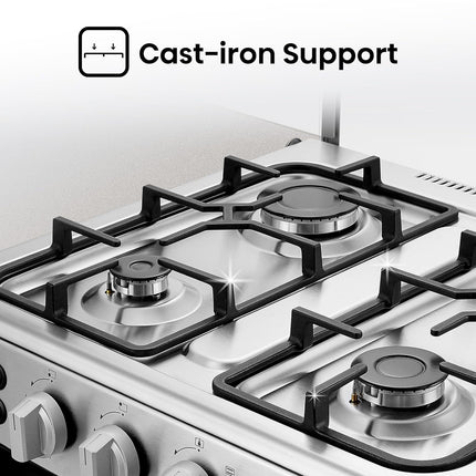 Hisense HFG60121X 60 cm Freestanding Gas Cooker, 4 Gas Burners with Flame Failure Device, Cast Iron Pan Support, Stainless Steel, 1 Year Warranty