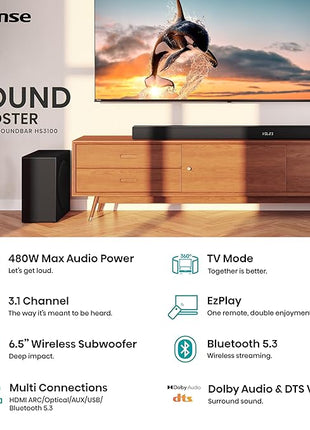 Hisense HS3100-3.1 Channel 480W Soundbar with 6.5 inch Wireless Subwoofer, 3 Full-Range Speakers, 2 tweeters, 480W Max Audio Power, 5.3 Wireless Bluetooth, Powered by DTS Virtual:X, Roku TV Ready