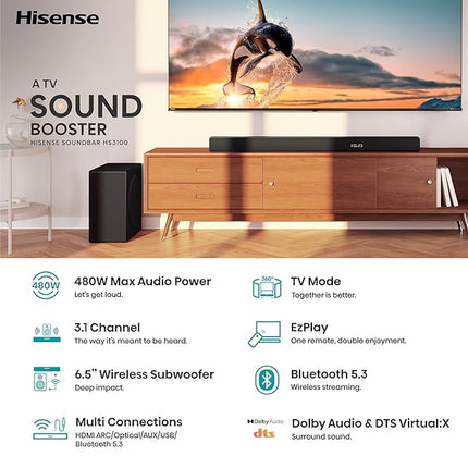 Hisense HS3100-3.1 Channel 480W Soundbar with 6.5 inch Wireless Subwoofer, 3 Full-Range Speakers, 2 tweeters, 480W Max Audio Power, 5.3 Wireless Bluetooth, Powered by DTS Virtual:X, Roku TV Ready