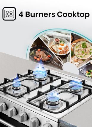 Hisense HFG60121X 60 cm Freestanding Gas Cooker, 4 Gas Burners with Flame Failure Device, Cast Iron Pan Support, Stainless Steel, 1 Year Warranty