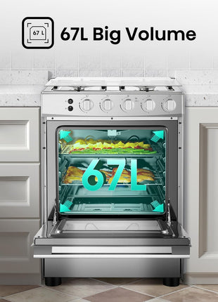 Hisense HFG60121X 60 cm Freestanding Gas Cooker, 4 Gas Burners with Flame Failure Device, Cast Iron Pan Support, Stainless Steel, 1 Year Warranty