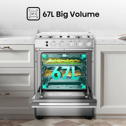 Hisense HFG60121X 60 cm Freestanding Gas Cooker, 4 Gas Burners with Flame Failure Device, Cast Iron Pan Support, Stainless Steel, 1 Year Warranty